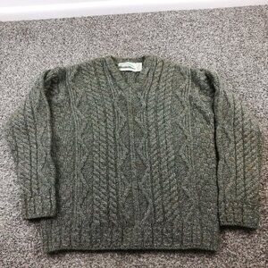 Aran Crafts Sweater Wool Fisherman Cable Knit V Neck Green Womens Small